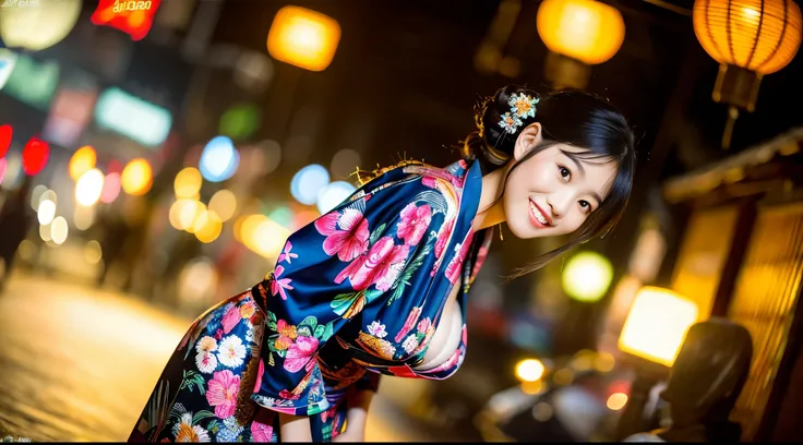 Full body,1girl,standing ryokan,warm smile(Perfect figure,be tall and slim),solo,(outdoor:1),sky,Focus on the face,looking at the viewer,Beautiful face,cute Japanese girl,Detailed delicate young face,oiled skin,(updo hair, sexy kimono, floral print, colour...