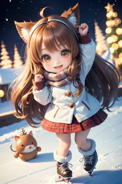 The highest image quality、fairy tale world、Fun and cute smile、Chibi Chara、Super Deformed、large head and small body、a very pretty girl、brown colored long hair、Big shining eyes、Wear warm winter clothes and enjoy skating on the ice、Christmas tree, light and s...