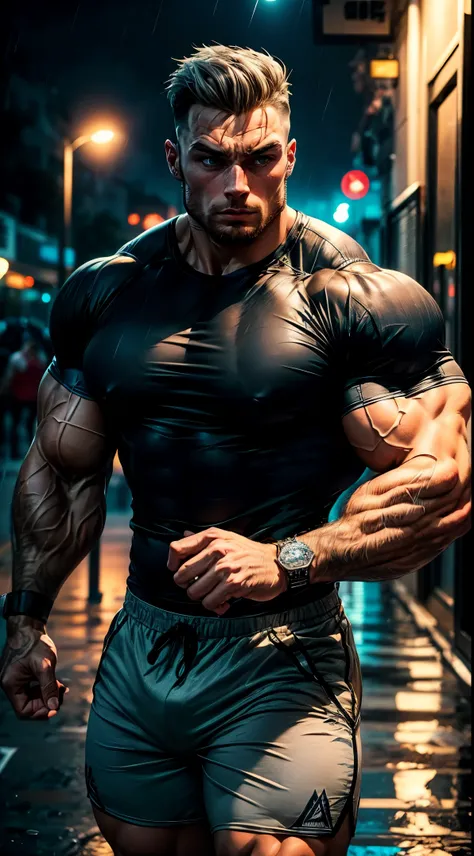 A boy, Chris Bumstead is shown to have a strong muscles figure. He has white-grey hair , has a short hair, in a rainy city at night in a self-defense combat stance wearing a gym tshirt and very short pants on a quiet side street, superior quality, many det...