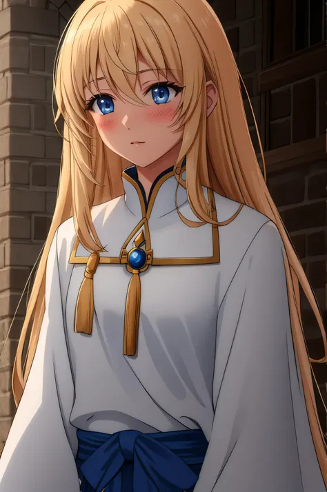 priestess, blonde hair, blue eyes, long hair, hair between eyes,((blush))