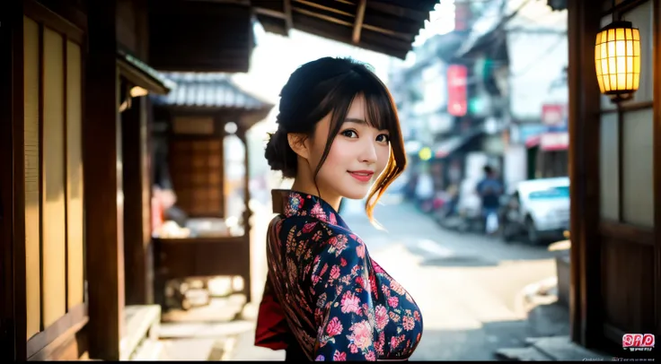 Full body,many girl,standing ryokan,warm smile(Perfect figure,be tall and slim),solo,(outdoor:1),sky,Focus on the face,looking at the viewer,Beautiful face,cute Japanese girl,Detailed delicate young face,oiled skin,(updo hair, sexy kimono, floral print, co...