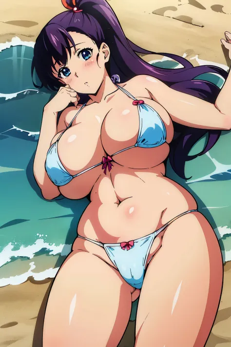 Anime cel drawing style, Best Quality, High resolution, (gigantic breasts:1.6), (bikini), Blue eyes, Purple hair, Bangs, Side Ponytail, Hair Ornament, blush, embarrassed, reluctant, ((Full body)), (string white panties), looking at viewer, (turn your butt ...