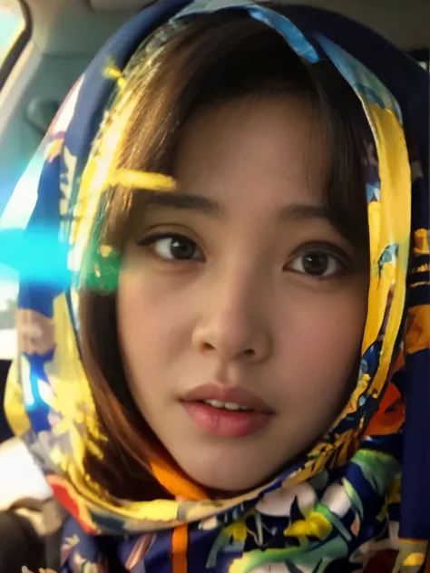 a close up of a woman wearing a headscarf in a car, tiktok video, ruan cute vtuber, leaked photo, low quality video, taken at golden hour, with accurate face, she has a cute face, zenra taliyah, screengrab, dilraba dilmurat, selfie of a young woman, she ha...