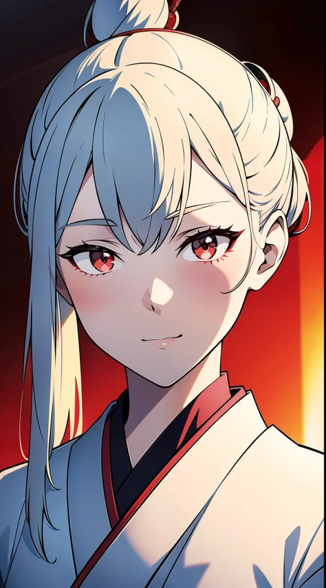 {8k image}, 1beautiful japanese woman, 30 years old, tied hair (samurai bun), white hair, wearing a red kimono, looking at the viewer, facing the camera, {face portrait}, {centered image}, sunset background, manga lineart, manga art style, detailed lineart