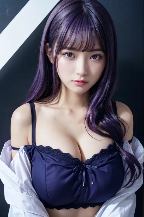 masutepiece, Best Quality, Ultra-detailed, Illustration,(1girl in),Beautiful detailed eyes, Looking at Viewer, close up, (upper breast forcom:1.1), Purple hair, Colossal breasts are coming out:1.3), (off shoulders:1.1), Underwear,