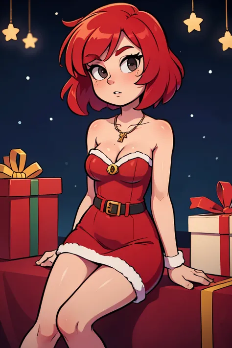 Masterpiece, best quality , nishikino maki, red hair, short hair, bob cut, black eyes, short red bodycon dress, red dress, strapless, sleeveless, red santa dress, sitting pose, cleavage, necklace, elegant Christmas party background, mansion, llchar