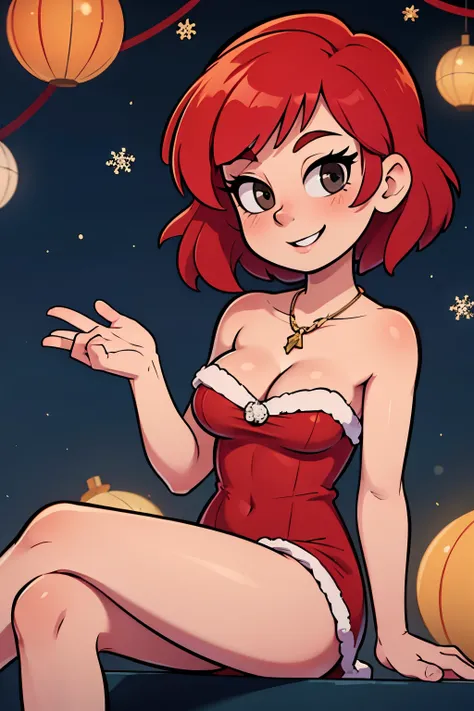 Masterpiece, best quality , nishikino maki, red hair, short hair, bob cut, black eyes, short red bodycon dress, red dress, strapless, sleeveless, red santa dress, smile, sitting pose, cleavage, necklace, elegant Christmas party background, mansion, llchar