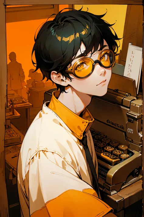 1boy, short black hair, yellow eyes, WRITER written on his clothes, wearing orange goggles, pencil and , ink stains, vintage typewriter, dusty bookshelf, creative atmosphere, vivid colors, portrait style, warm color tone, soft and diffused lighting. (best ...