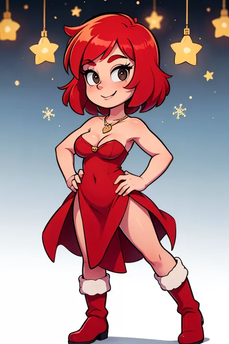 Masterpiece, best quality , nishikino maki, red hair, short hair, bob cut, black eyes, short red bodycon dress, red dress, strapless, sleeveless, red santa dress, red boots, smile, standing up, hands on hips, mistletoe on top, cleavage, necklace, elegant C...