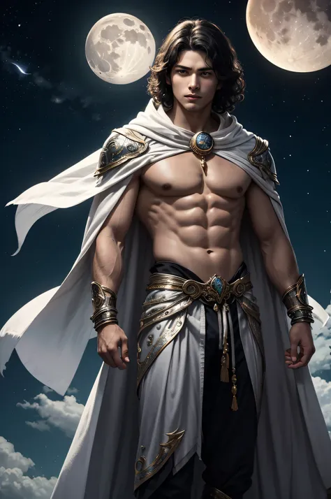 cinematic photo, masterpiece, half body portrait of a fantasy Moon warrior God depicted in the prime of youth, early adolescence, with a lithe and fit build. He has ruffled curly dark short hair. His skin radiates an ethereal glow, reflecting the soft lumi...