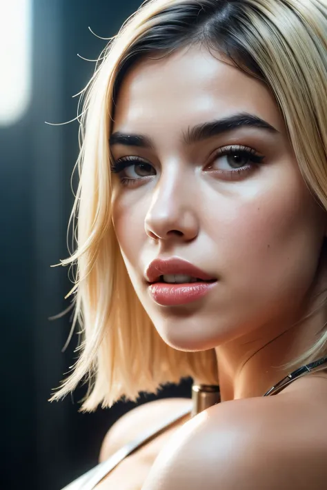 beautiful woman who looks like blond Dua Lipa high octane rendering, Cinematic lighting, ultra high definition, sharp focus, Realistic Detail, Depth of field, Full HD, 3d, Super resolution, octane render,