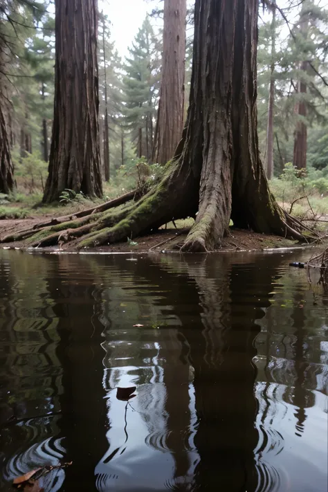 a redwood forest reflected within a water puddle, redwood forest reflection flawlessly captured inside the water, high end DSLR camera, minute details of the puddle with the redwood forest reflection. blurred background to emphasize the reflected image. hy...