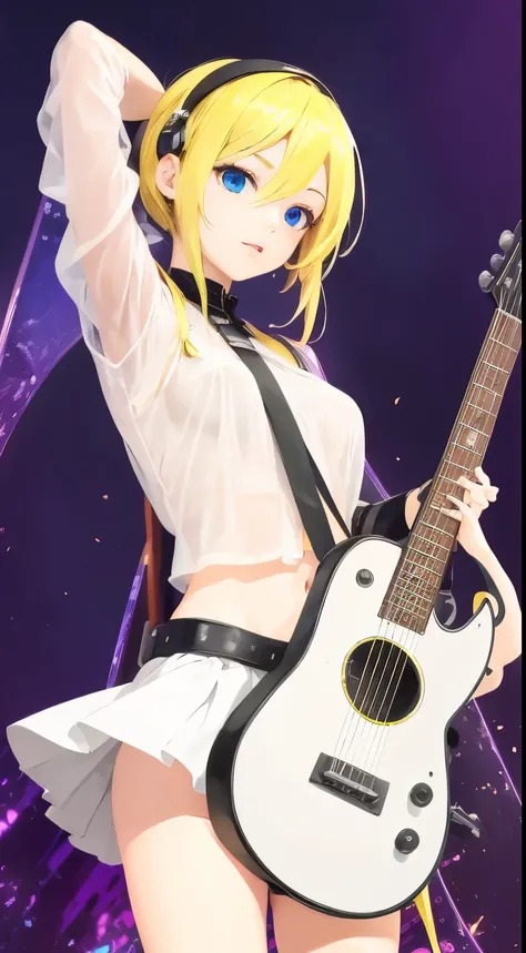 masterpiece, top quality 16k raw photo of Vocaloid3 Lily posing with guitar, blond hair blue eyes. navel look white skirt. hand behind her head.