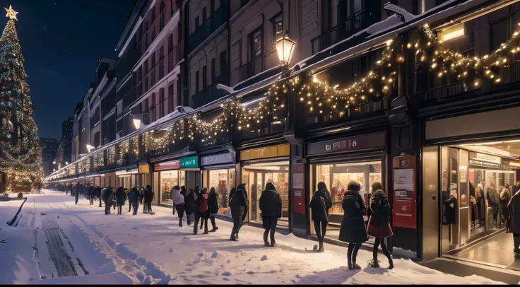 (best quality,4k,8k,highres,masterpiece:1.2),ultra-detailed,(realistic,photorealistic,photo-realistic:1.37),wide-angle lens,near subway exit,landscape with people,woman waiting for her lover on Christmas night,christmas illumination-filled streets,road wit...