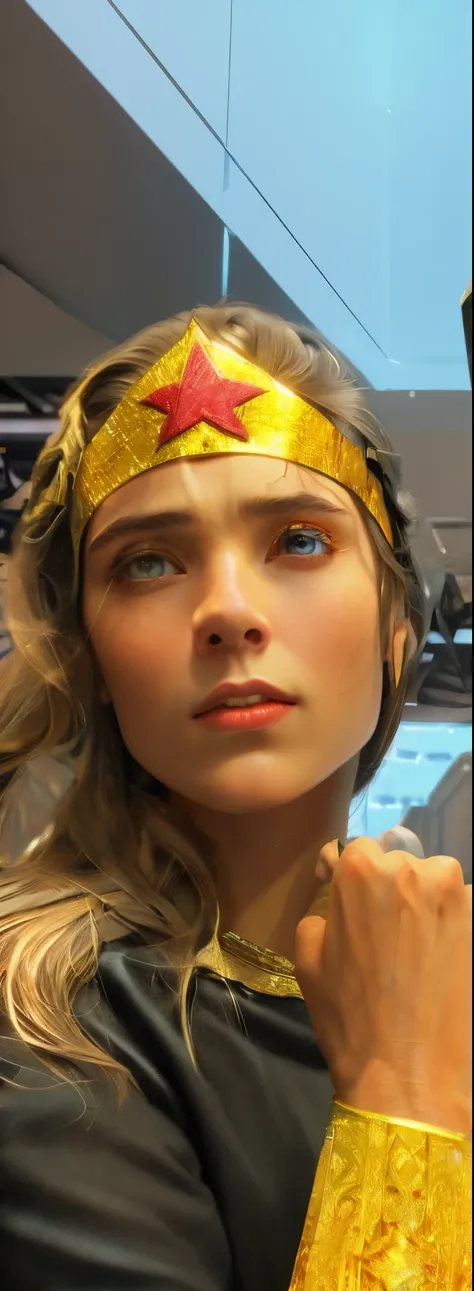 Create a Disney Pixar-style poster of a beautiful, toned, lean, strong brunette woman with long, straight blonde hair; dark brown eyes, with Wonder Womans helmet on her head, with her fist raised, with a dramatic black background light, coming from below.