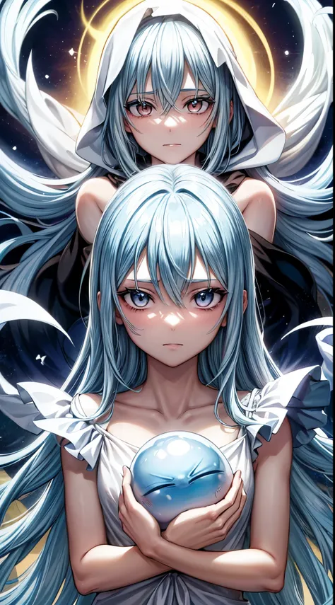 (um personagem de anime tensei shitara slime) rimuru tempest, com olhos proeminentes e penetrantes de um {{{vermelho escarlate}}...