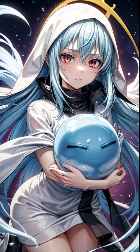 (um personagem de anime tensei shitara slime) Rimuru Tempest, com olhos proeminentes e penetrantes de um {{{vermelho escarlate}}}, who exude an aura of cold determination and a sharp intelligence, The hair is a light celestial blue, fluttering and soft , f...