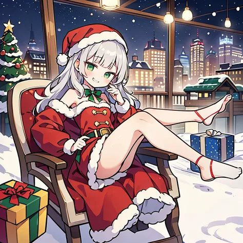 ((Masterpiece)), (1girl), (short stature), (sitting on the Christmas chair), (Wearing a cute Santas Coat), (Cute Pose), ((cute teenage young girl)), (very blunt bangs), (loose curls hair), (breasts length hair), high details of pale silver hair, (very grin...