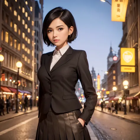 cute young Woman, short black Hair, Brown Eyes, Empress,pleated skirt suit,street lamps,neons,bustling street background,(navel:1.1,princess eyes), Nobility, Royalty, High Quality, Masterpiece, Highly Detailed