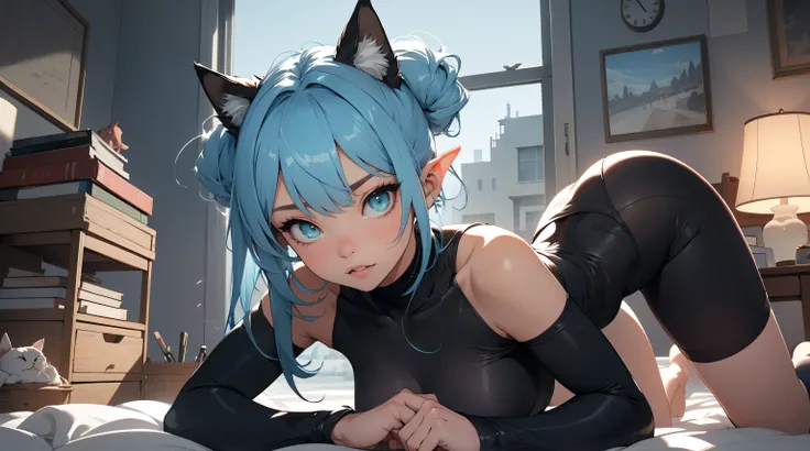 two beautiful skinny elf girls, rainbow color, neon grean and teal haircolor, naked, nude, no clothes, space buns, cute face, giant green and black octopus tentacles touching the girls, extreme abs, cute face, rainbow colors, city, cityscape, ancient ruins...