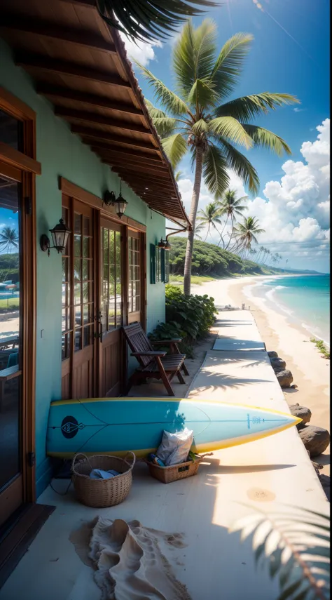 Surf Beach House, beach of Hawaii, summer, sunny weather, surfboard, green plants and palm trees, blue ocean waves in the background