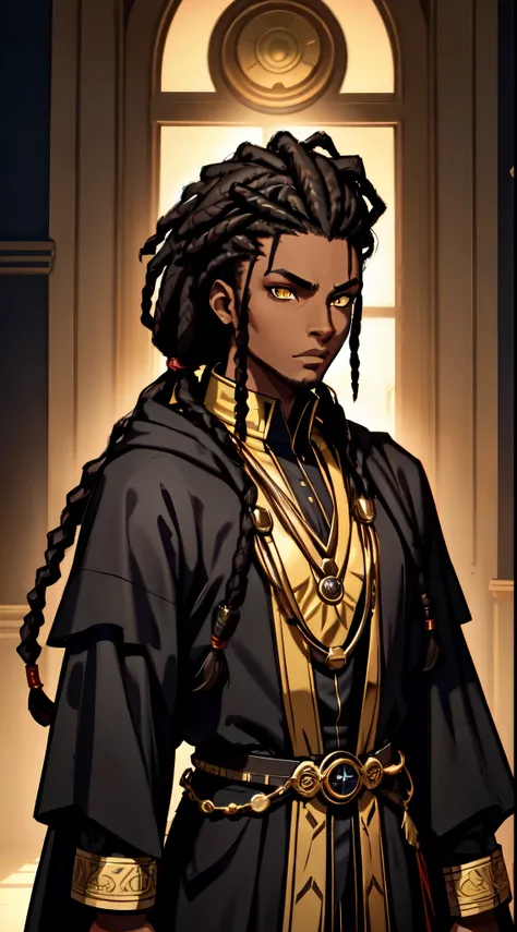 an (african-american) male, with dark black (dreadlocks), yellow eyes, dark (brown skin), (regal assassin), sith robes, demon pr...