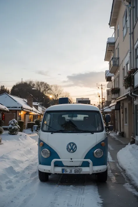 Santa closs driving a blue vw combi in christmas landscape