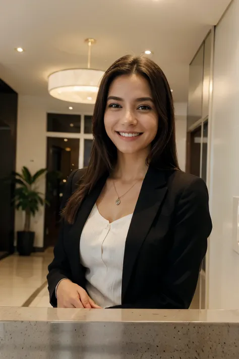 maxsuanne, Luz natural, smiling at the hotel reception in a black suit (melhor qualidade, obra-prima: 1.2)