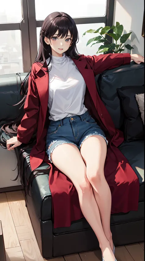 4k高清，1girll, 独奏, She wears a red coat，wearing a denim pants，The large，sitting in the couch，特别The large，Perfect handlack color hair