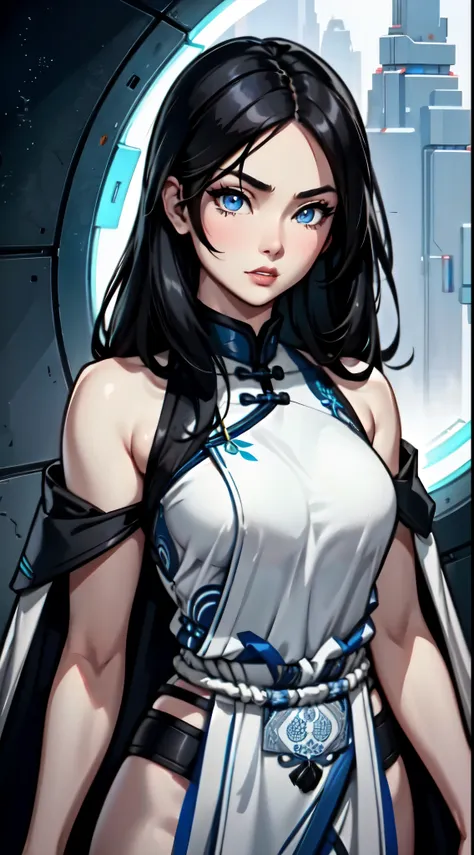 A (Chinese) female, with long dark (black) hair, blue eyes, pale (grey skin), (athletic), tall woman, (alluring fighter), (cute) martial-arts garb, (humanoid) alien, (Sci-fi) fantasy, (close-up shot), perfect composition, hyper-detailed, 8K, high quality, ...