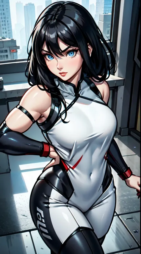 A (Chinese) female, with long dark (black) hair, blue eyes, pale (grey skin), (athletic), tall woman, (alluring fighter), (cute) martial-arts garb, (humanoid) alien, (Sci-fi) fantasy, (medium shot), perfect composition, hyper-detailed, 8K, high quality, (p...