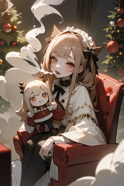 ((Masterpiece)), 1girl, cute little girl,  ((ChristmasTheme)), blunt bangs, feminine, pale brown hair, silky straight hair, muted colors, monochrome, pale skin, ((makeup goth)), cute, night, (sitting on the Christmas chair), (Wearing a cute Santas Coat), (...