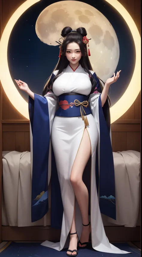 Tsukuyomi, ancient shinto goddess of the moon, long silver hair, long ornate midnight blue and white kimono, (in ukiyo-e style:1.3), large moon background, (full body portrait), ethereal, mysterious, eerie, divine, godly, powerful, breathtaking, masterpiec...