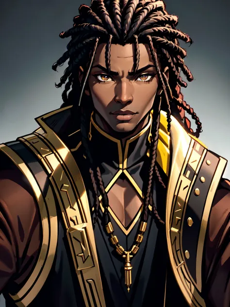 an (african-american) male, with dark (black dreadlocks), dark (brown skin), golden eyes, demonic (prince), (young) assassin, (b...