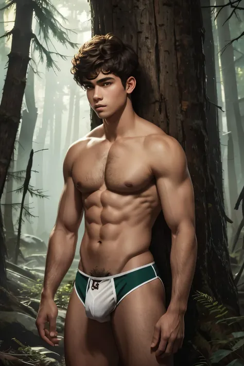 handsome teenage caveboy, very short hair, fur jockstrap loincloth, deep pine forest