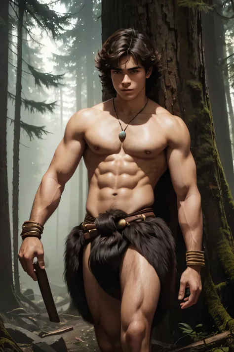 handsome teenage caveboy, very short hair, fur loincloth, deep pine forest