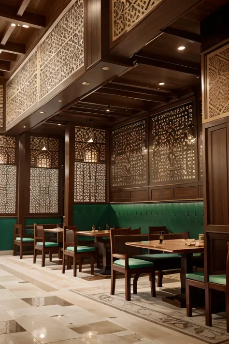 "Incorporate Islamic architectural elements into a contemporary design for a multi-functional building that seamlessly integrates modern restaurants. Consider traditional motifs, geometric patterns, and cultural influences to create a harmonious blend of I...