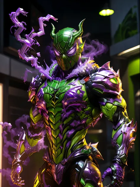 Spiderman, (green, purple:1.5), DRAGON HEAD, HEAVY CRYSTAL ARMOR, TRANSPARANT, MUSCLE BODY, MUSCLE ABS, colourful smoke