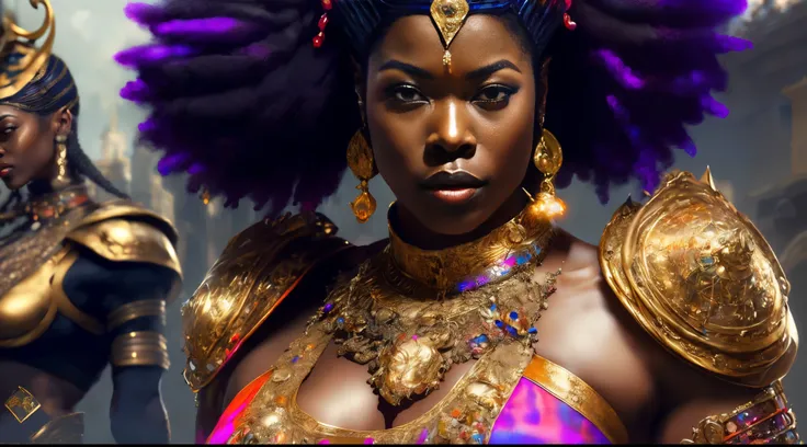 Random shot, ancient (Glowing:1.3), (38 years old female nubian:1.5), (thicc:1.0), gucci royal armor; (artgerm:1.2) Delightful anatomy, highly (dynamic:1.2), (fantastic, amazing art) (fantastic godlike perfect art, 64k ultra hd:1.1), (art by apterus, art b...