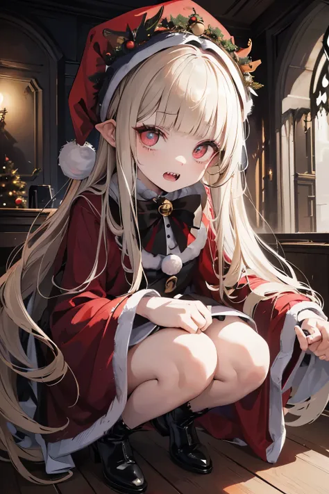 ((Masterpiece)), 1girl, cute little girl, ((Christmas Theme)), blunt bangs, feminine, pale brown hair, silky straight hair, muted colors, pale skin, ((makeup goth)), cute, night, (crouching on the Christmas chair), (Wearing a cute Santa costume), ((Dusty))...