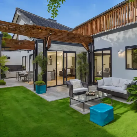 arafed view of a house back garden, trees, plants, a coffee table ,  pergola with furniture , garage, car, tiled roof