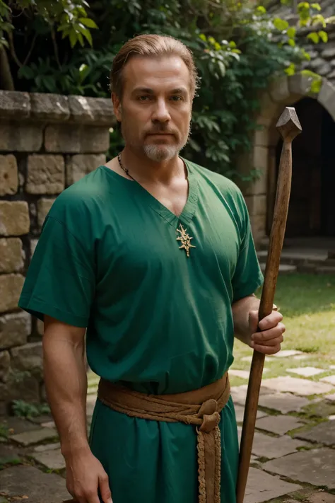 Master Alistair is a wise man, com cabelos grisalhos e longos que fluem como os rios do jardim.
Your eyes are deep and carry the wisdom of ancient times.
He wears a greenish tunic and carries a staff carved with ancient runes..