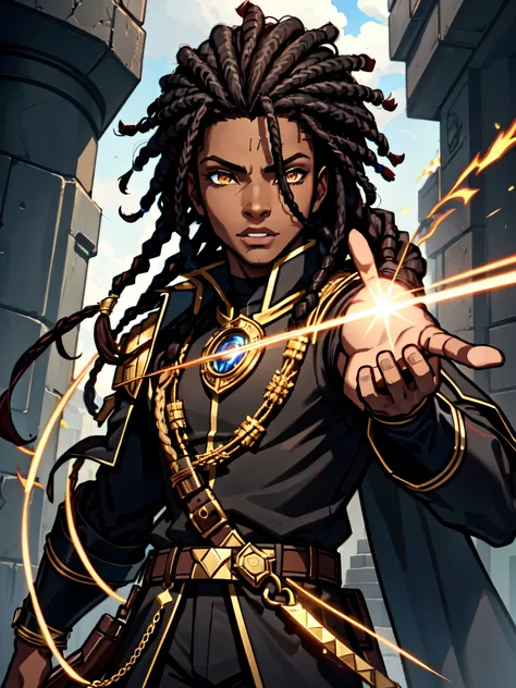 an (african-american) male, with dark (black dreadlocks), dark (brown skin), golden eyes, demonic (prince), (young) assassin, (b...