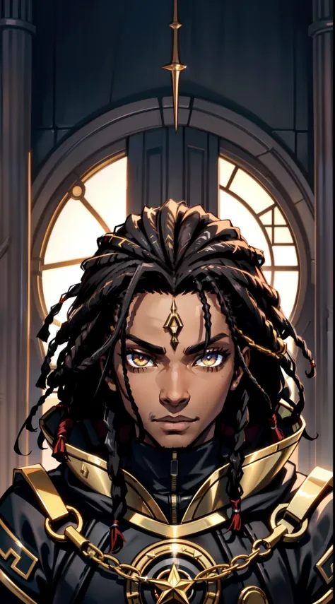 An (African-American) male, with dark (black dreadlocks), dark (brown skin), golden eyes, demonic (prince), (young) assassin, (black) assassin garb, holy (half-demon), (Anti-hero), (Mage) assassin, (Sci-fi) fantasy, (close-up shot), perfect composition, hy...