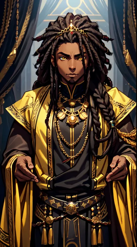 an (african-american) male, with dark black (dreadlocks), yellow eyes, dark (brown skin), (regal assassin), royal garb, demon pr...