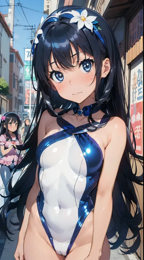 1womanl,Black hair,12year old ,((Impatient expression)),Beautiful breasts,(((Sexy magical girl white and blue shiny bodysuit)))(())(((Blushing cheeks、Surprised look)),(((Satin Narico))),((( portlate))),we have blue eyelashes)))()Street,Crowds(magical girl ...