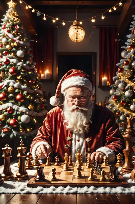 (masterpiece:1.2, top-quality), santa claus playing chess, cozy chess club, 64 squares wooden chessboard, correct game position