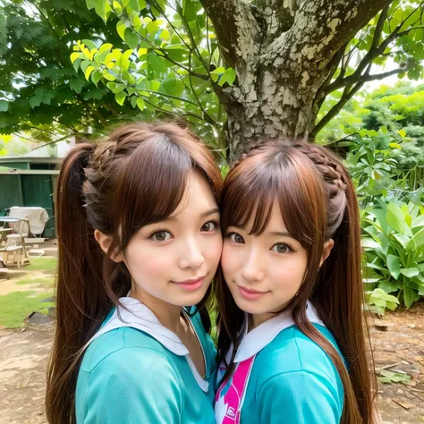 Two young girls taking pictures in front of a tree, sakimichan, chiho, Twin-tailed, 🍁 Cute, ulzzangs, 🚿🗝📝, Twin-tailed hairstyle, Seifuku, 8k selfie, shikamimi, two pigtails hairstyle, Middle Metaverse, Twin-tailed white_gloves