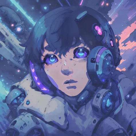 (boy in a spacesuit),(anime style90),(best quality,hd:1.2),(cyberpunk theme),(programmer),(space in the background),vivid colors...