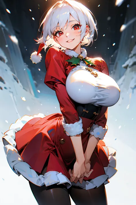 redraw, 1girl, christmas outfit, white short hair, red eyes, big breasts, smile, snow background, masterpiece, ultra-detailed